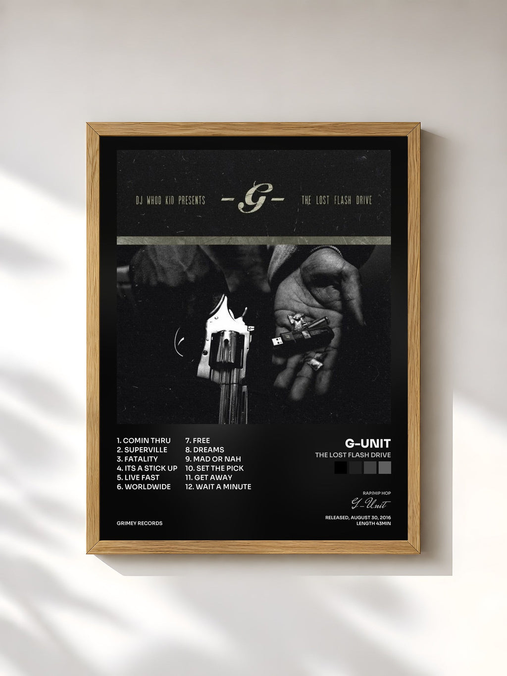 #bois Tableau de l'album The Lost Flash Drive de G-Unit, cadre en bois brut, imprimé et encadré en France