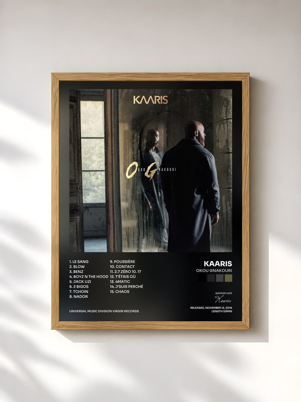 #bois Tableau de l'album Okou Gnakouri de Kaaris, cadre en bois brut, imprimé et encadré en France