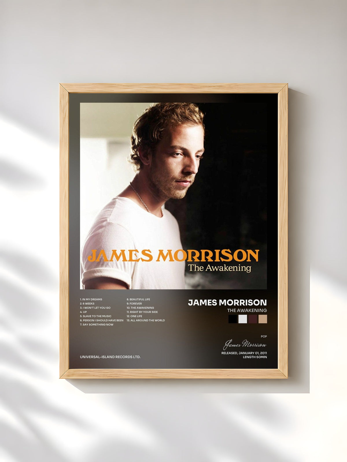 #bois Tableau de l'album The Awakening de James Morrison, cadre en bois brut, imprimé et encadré en France