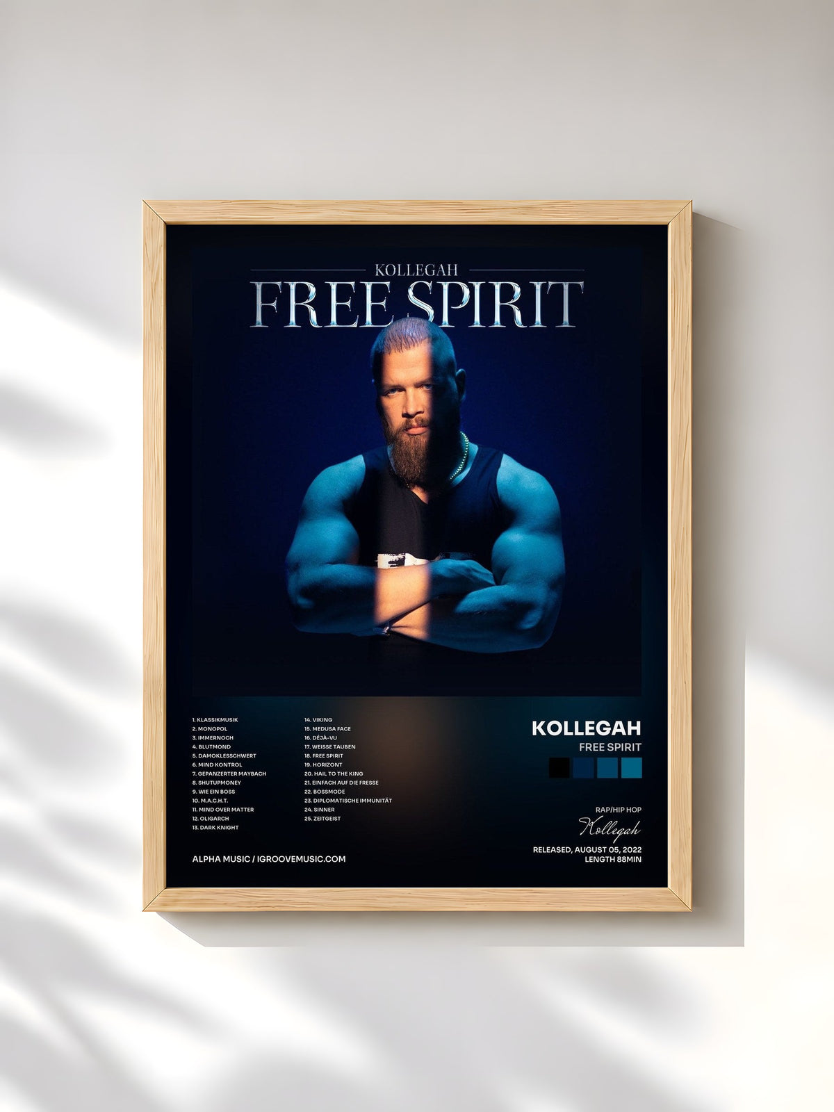 #bois Tableau de l'album FREE SPIRIT de Kollegah, cadre en bois brut, imprimé et encadré en France