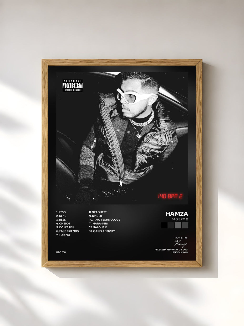 #bois Tableau de l'album 140 BPM 2 de Hamza, cadre en bois brut, imprimé et encadré en France