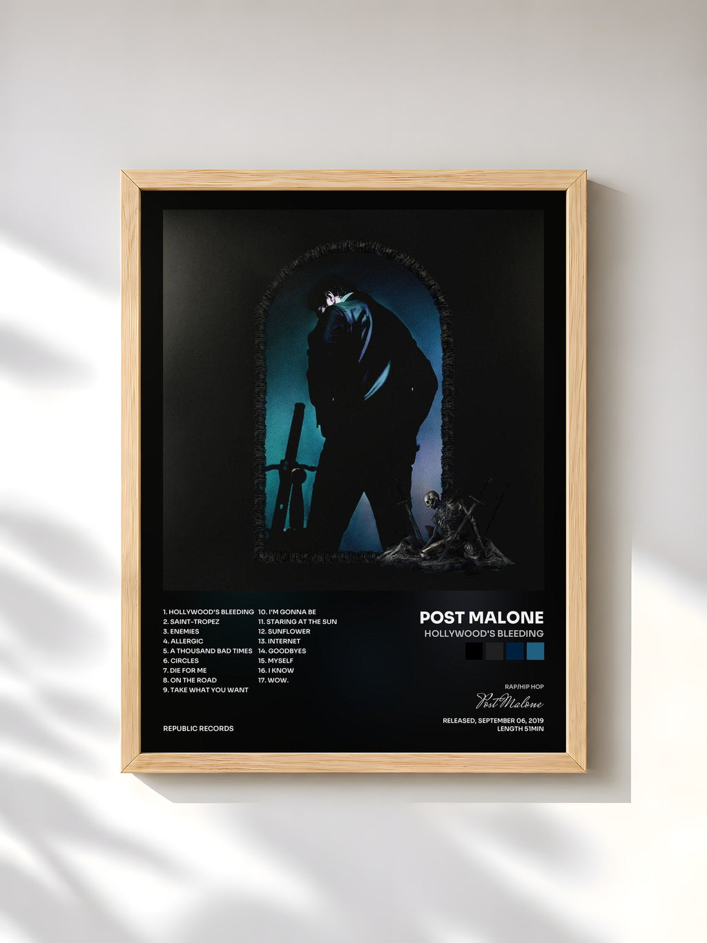 #bois Tableau de l'album Hollywood's Bleeding de Post Malone, cadre en bois brut, imprimé et encadré en France