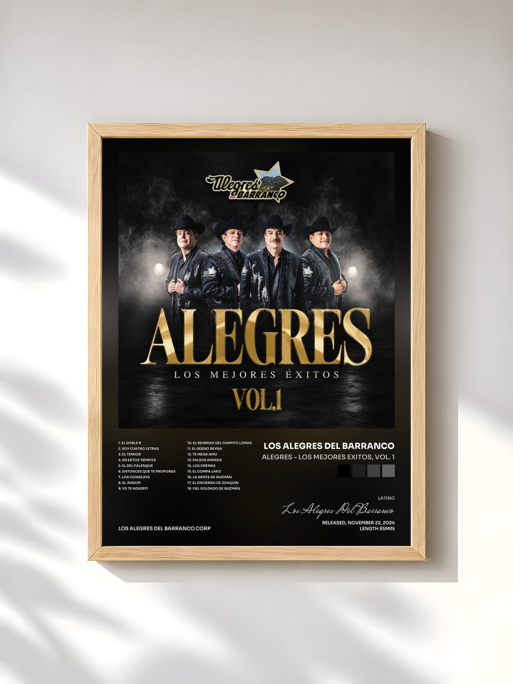 #bois Tableau de l'album Alegres - Los Mejores Exitos, Vol. 1 de Los Alegres Del Barranco, cadre en bois brut, imprimé et encadré en France