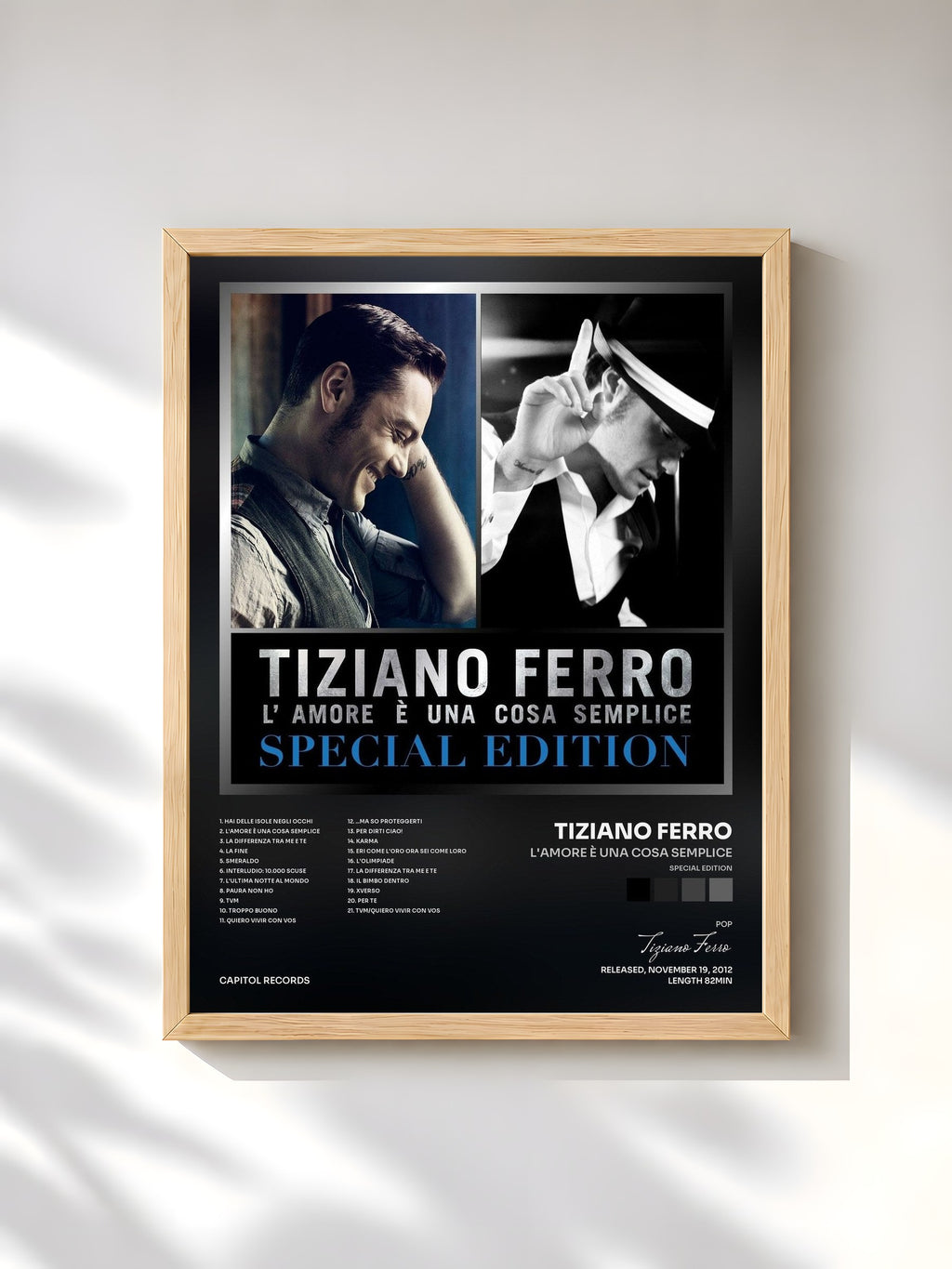 #bois Tableau de l'album L'amore è una cosa semplice (Special Edition) de Tiziano Ferro, cadre en bois brut, imprimé et encadré en France