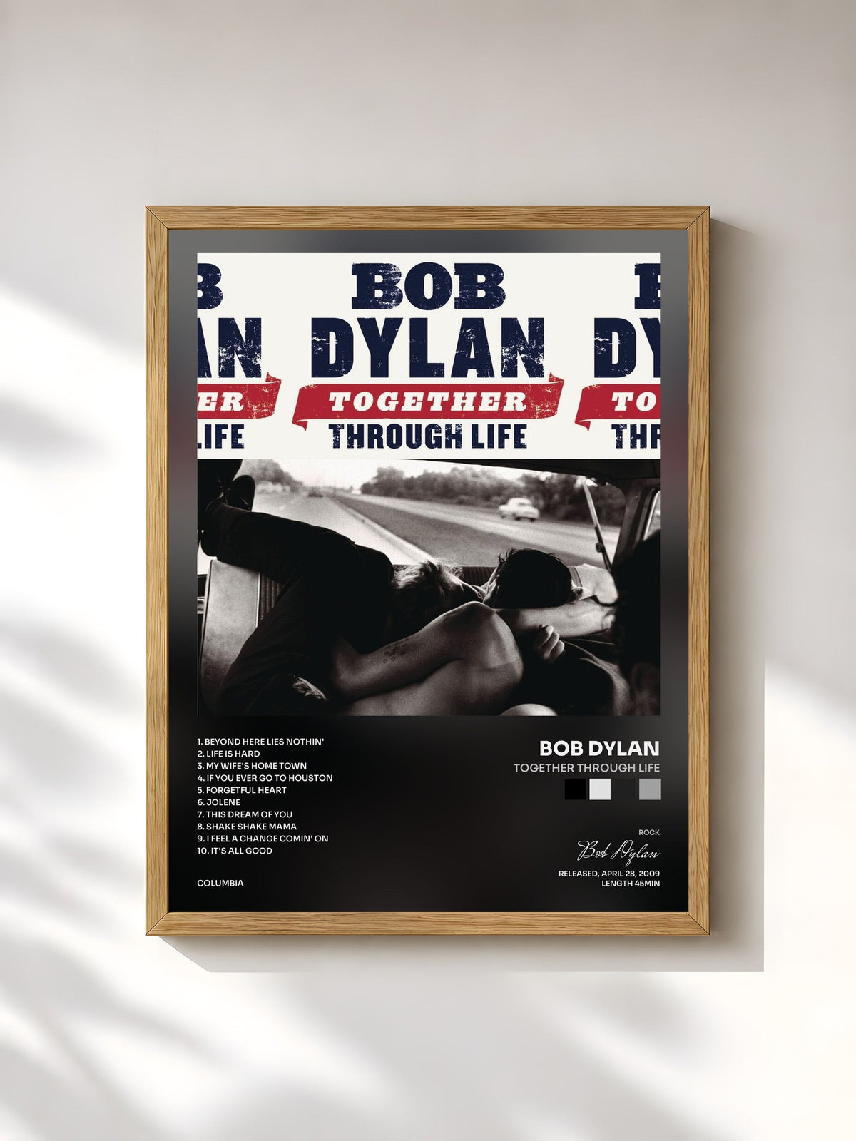 #bois Tableau de l'album Together Through Life de Bob Dylan, cadre en bois brut, imprimé et encadré en France