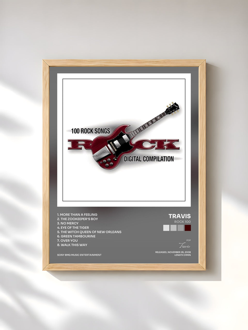 #bois Tableau de l'album Rock 100 de Travis, cadre en bois brut, imprimé et encadré en France