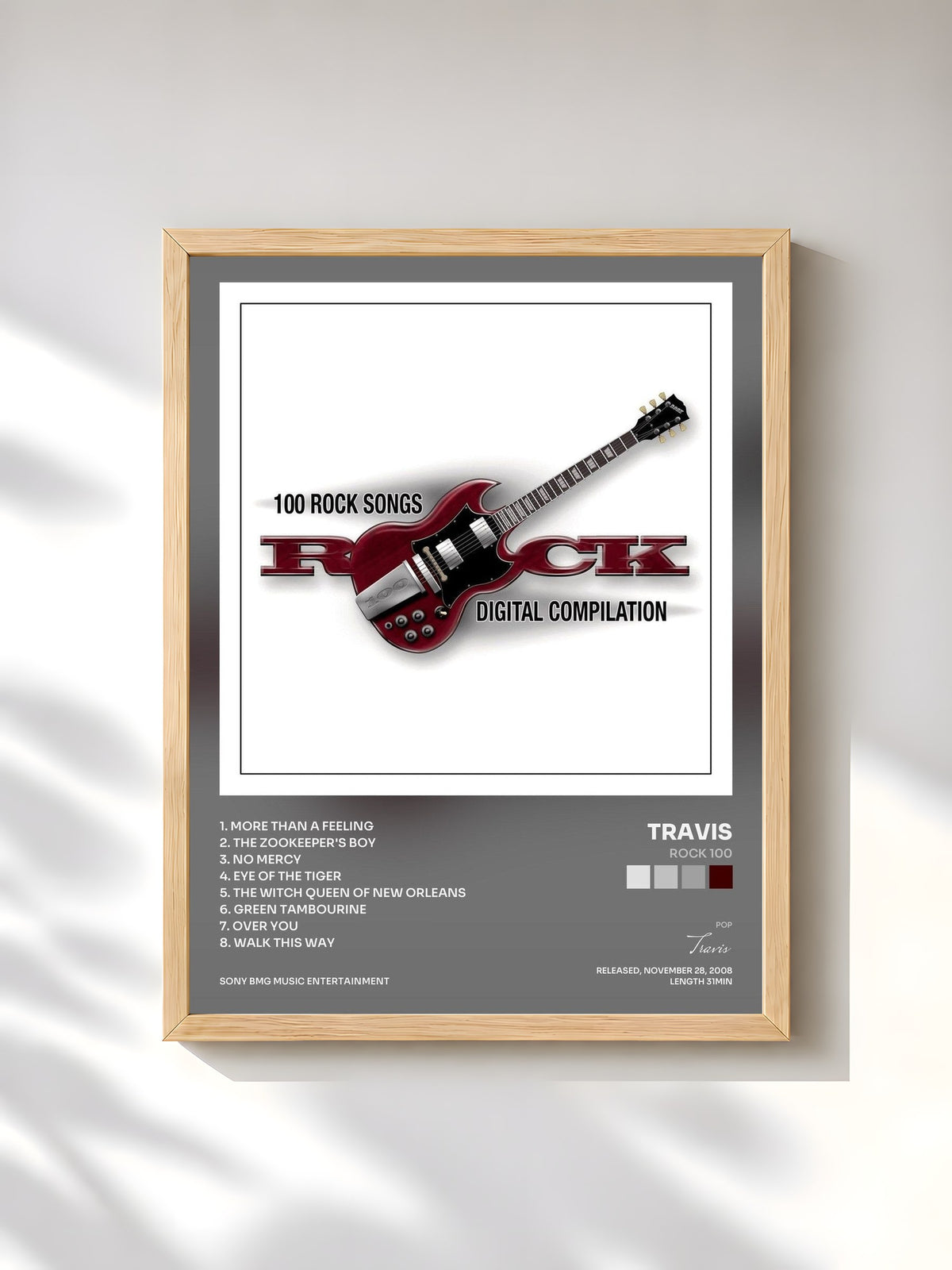 #bois Tableau de l'album Rock 100 de Travis, cadre en bois brut, imprimé et encadré en France