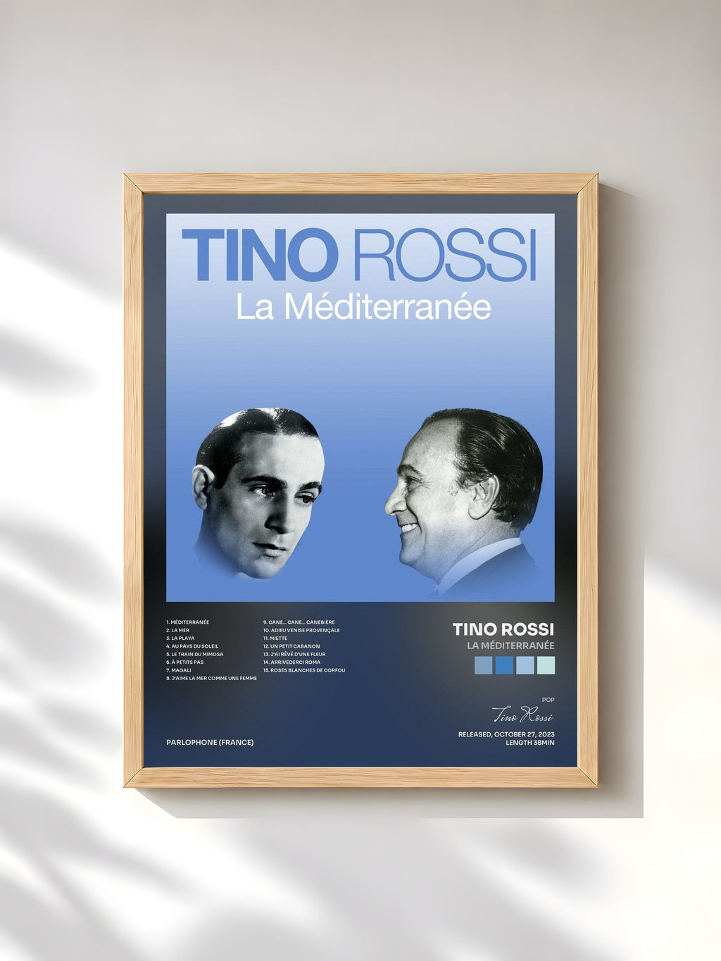 #bois Tableau de l'album La Méditerranée de Tino Rossi, cadre en bois brut, imprimé et encadré en France