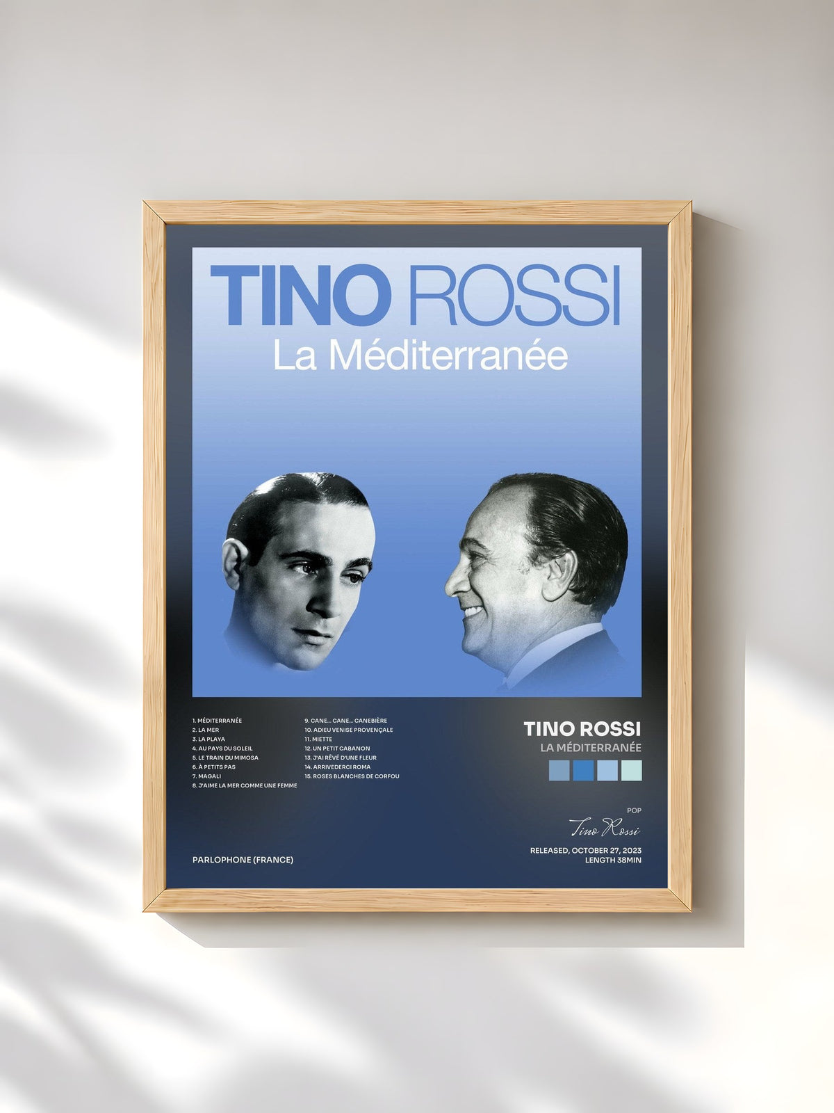 #bois Tableau de l'album La Méditerranée de Tino Rossi, cadre en bois brut, imprimé et encadré en France
