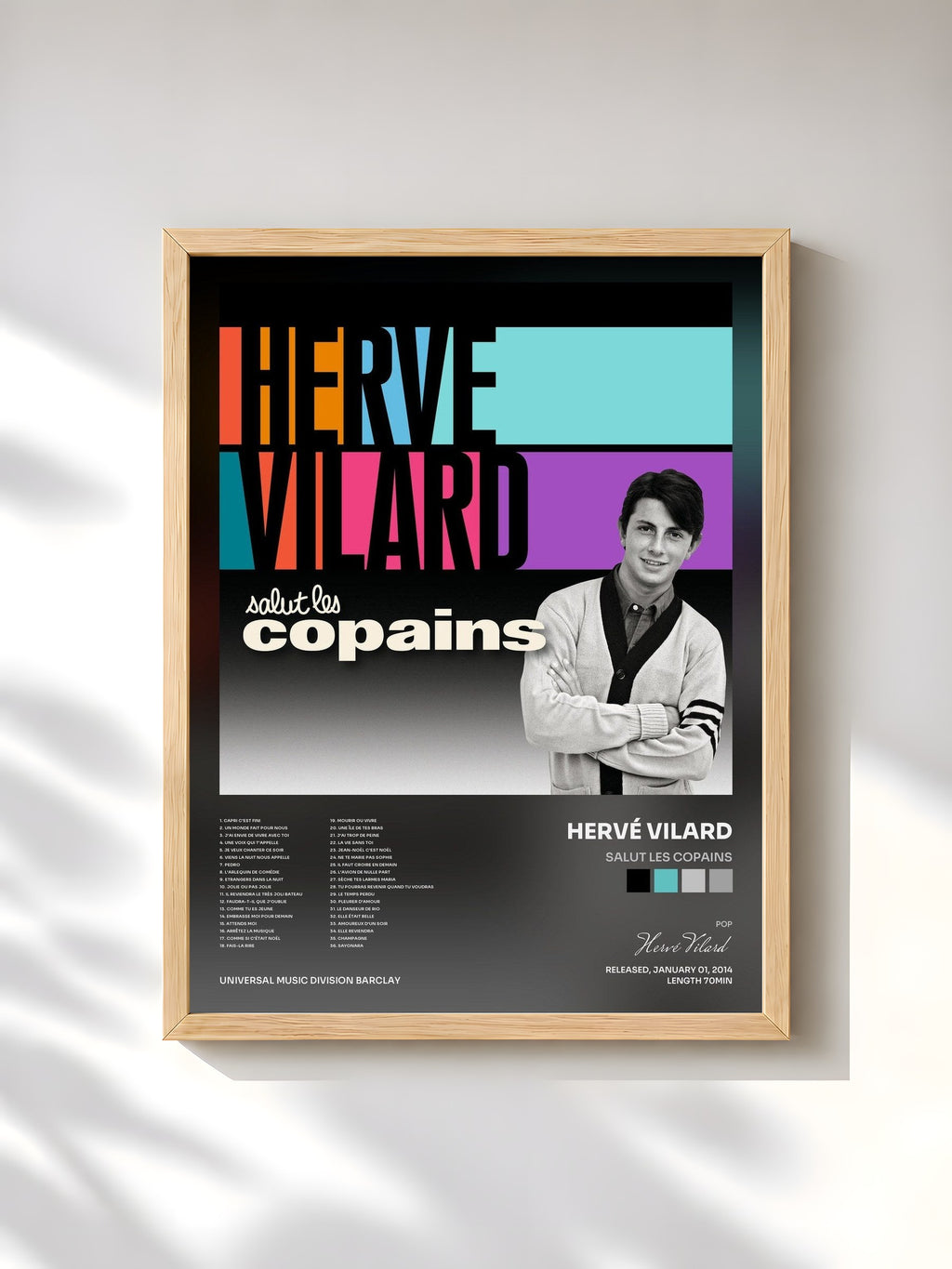 #bois Tableau de l'album Salut Les Copains de Hervé Vilard, cadre en bois brut, imprimé et encadré en France