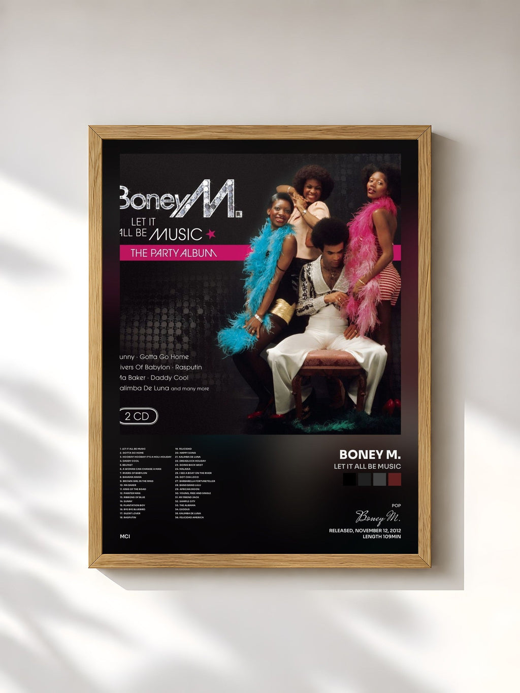 #bois Tableau de l'album Let It All Be Music de Boney M., cadre en bois brut, imprimé et encadré en France
