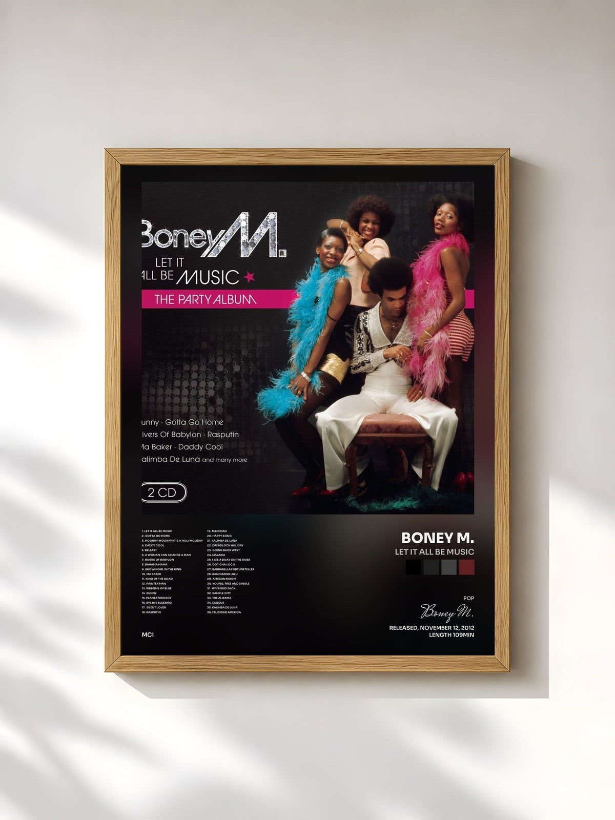 #bois Tableau de l'album Let It All Be Music de Boney M., cadre en bois brut, imprimé et encadré en France