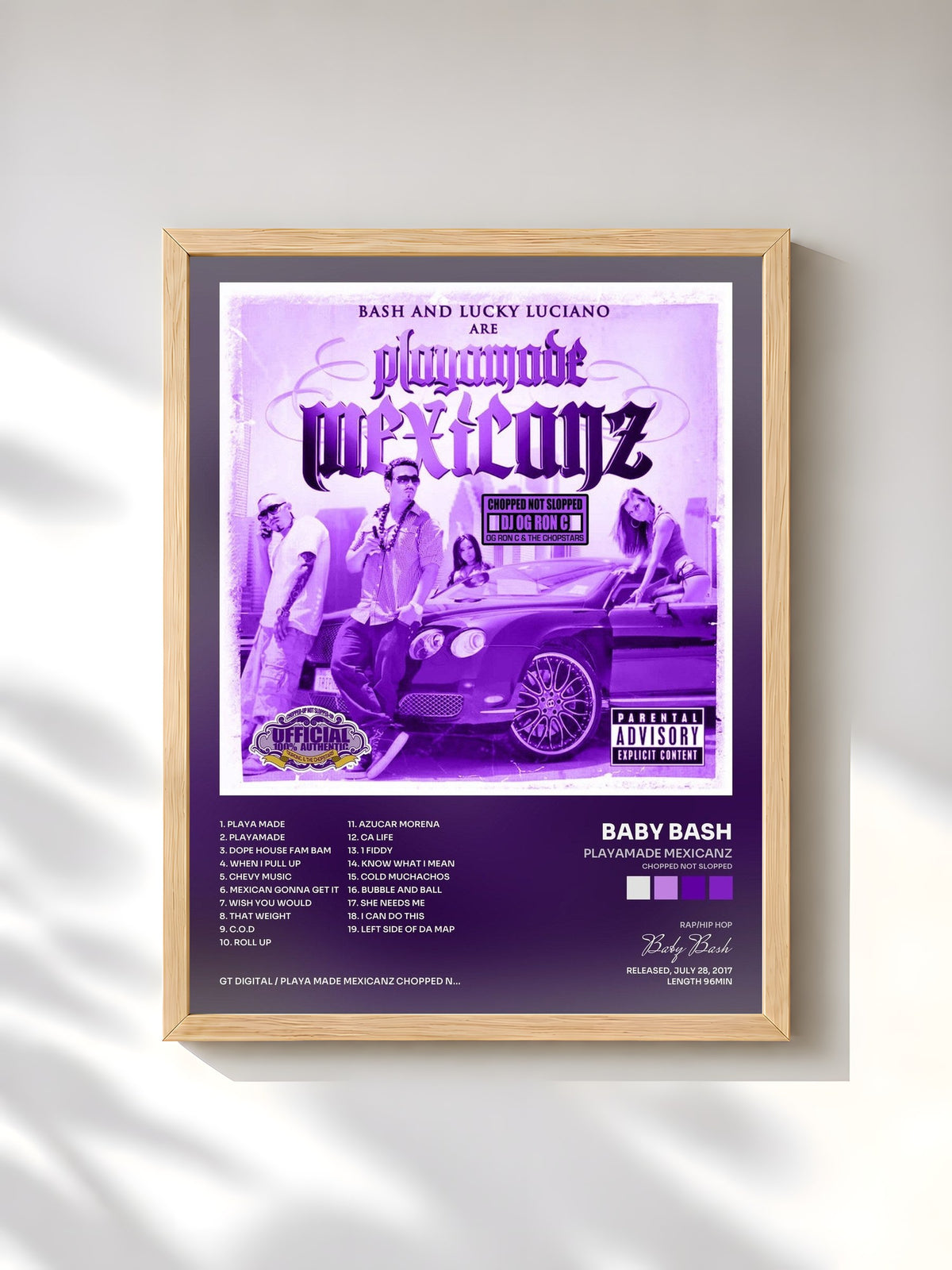 #bois Tableau de l'album Playamade Mexicanz (Chopped Not Slopped) de Baby Bash, cadre en bois brut, imprimé et encadré en France