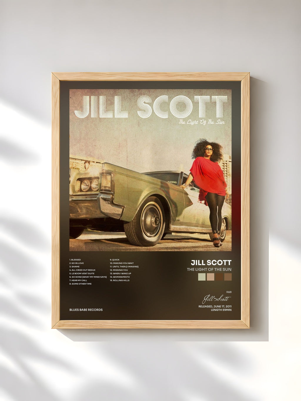 #bois Tableau de l'album The Light of the Sun de Jill Scott, cadre en bois brut, imprimé et encadré en France