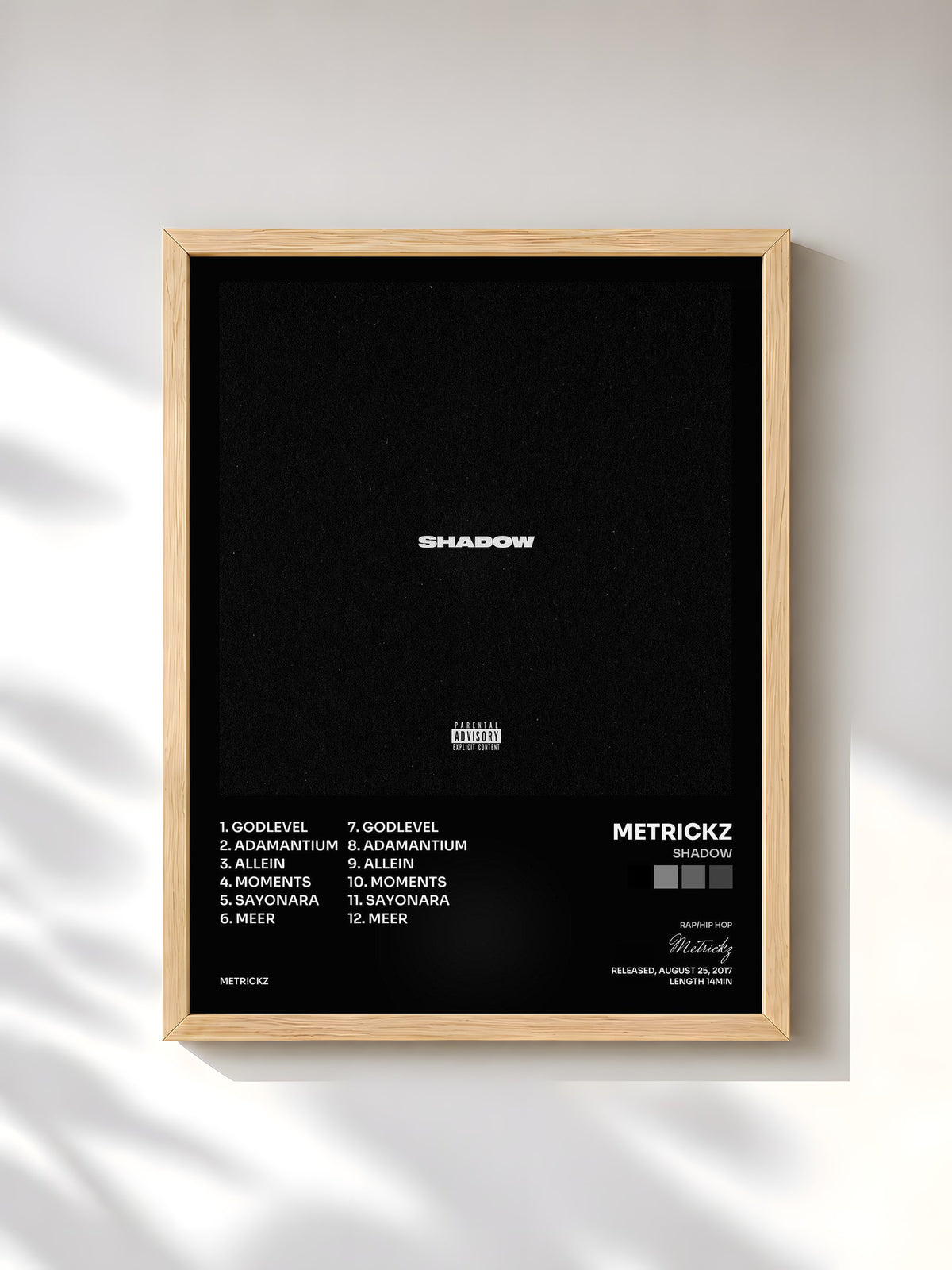 #bois Tableau de l'album Shadow de Metrickz, cadre en bois brut, imprimé et encadré en France