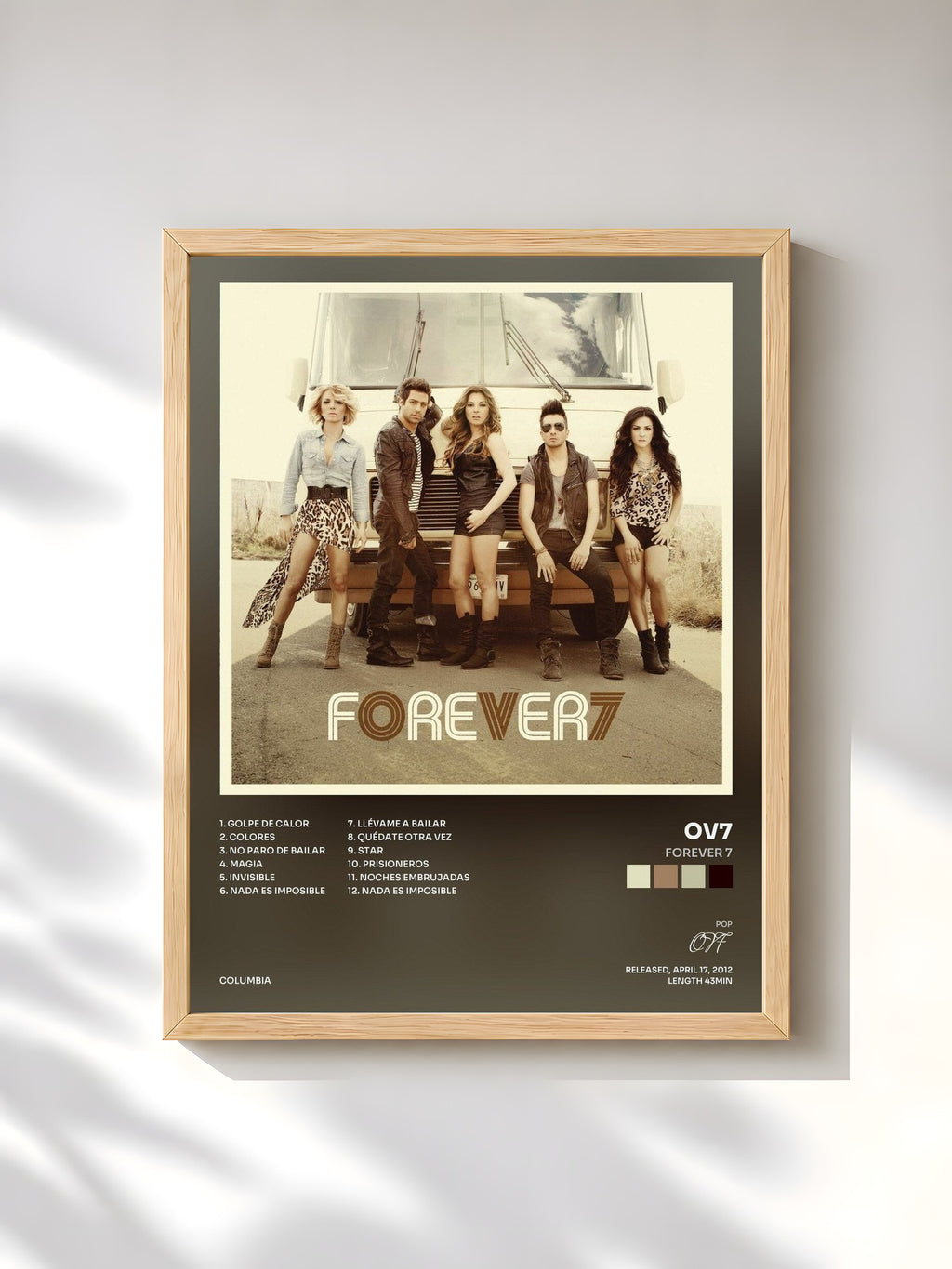 #bois Tableau de l'album Forever 7 de OV7, cadre en bois brut, imprimé et encadré en France