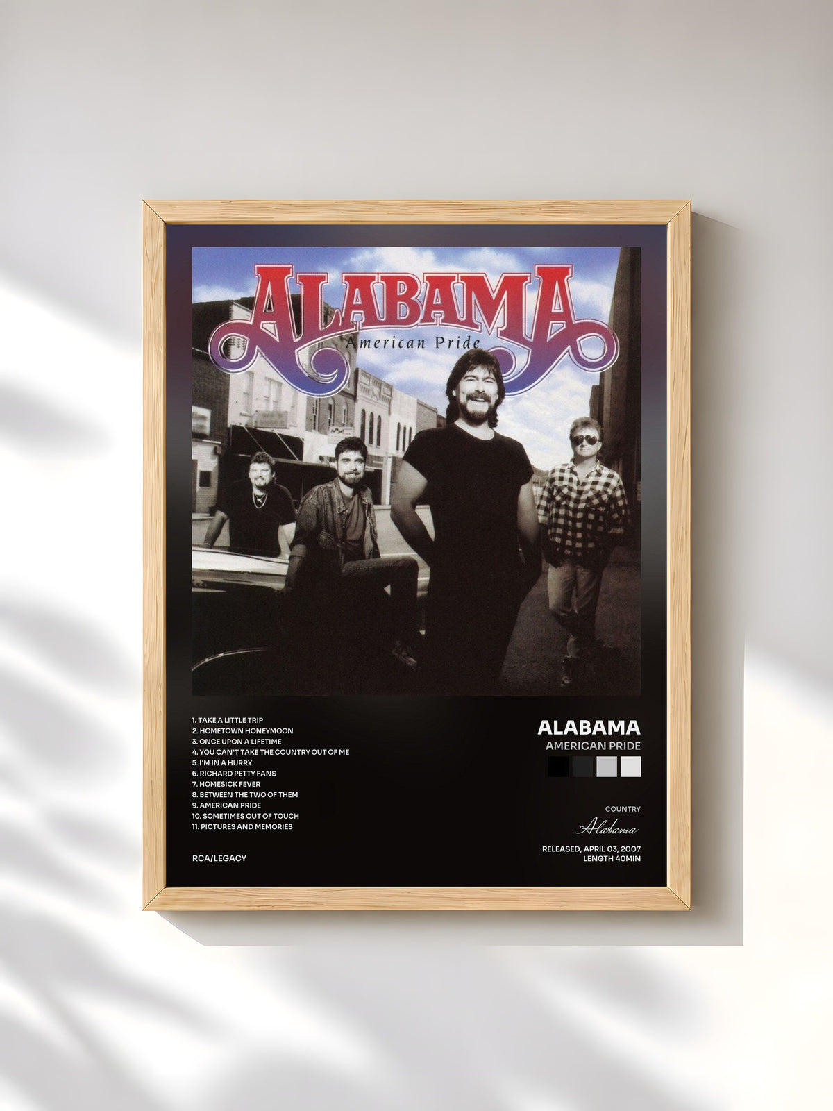#bois Tableau de l'album American Pride de Alabama, cadre en bois brut, imprimé et encadré en France