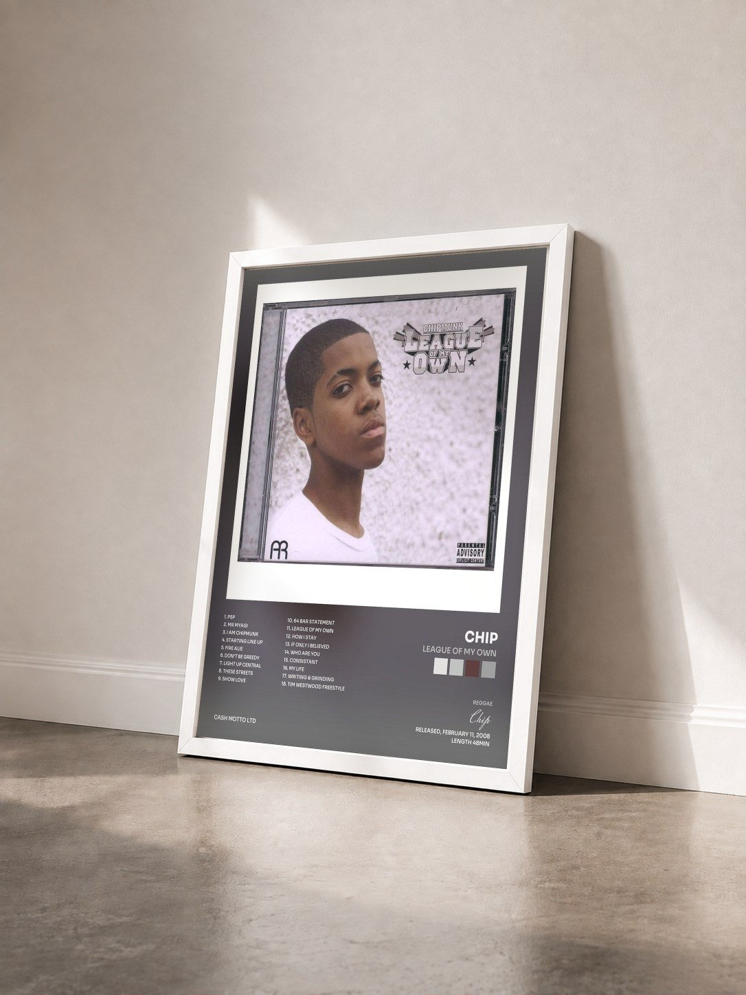 #blanc Tableau de l'album League Of My Own de Chip vu de trois quarts, cadre blanc