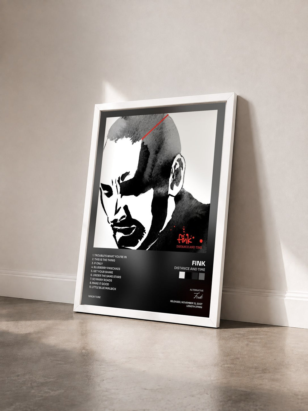 #blanc Tableau de l'album Distance and Time de Fink vu de trois quarts, cadre blanc