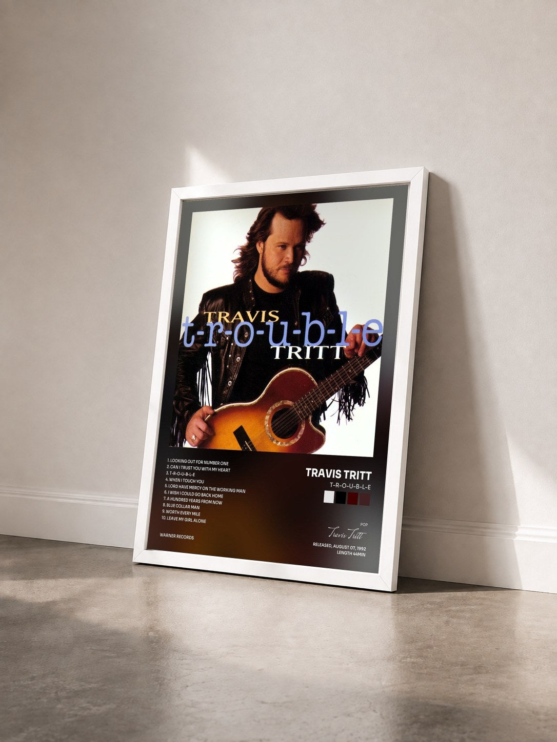 #blanc Tableau de l'album T-R-O-U-B-L-E de Travis Tritt vu de trois quarts, cadre blanc