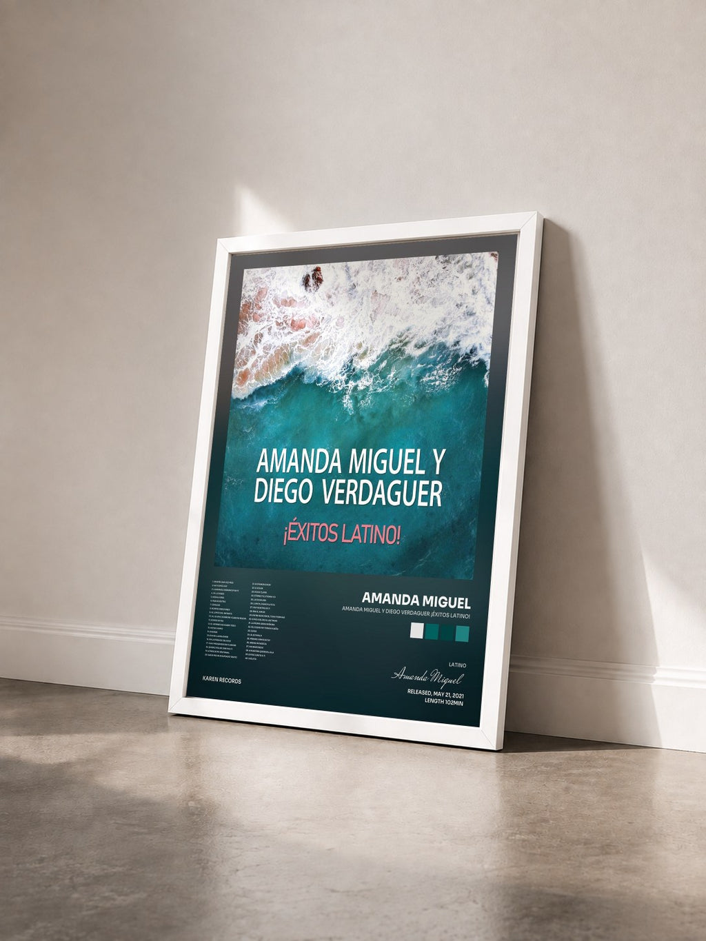 #blanc Tableau de l'album Amanda Miguel y Diego Verdaguer ¡Éxitos Latino! de Amanda Miguel vu de trois quarts, cadre blanc