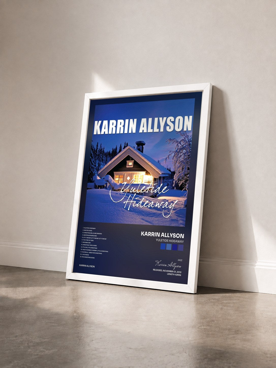 #blanc Tableau de l'album Yuletide Hideaway de Karrin Allyson vu de trois quarts, cadre blanc