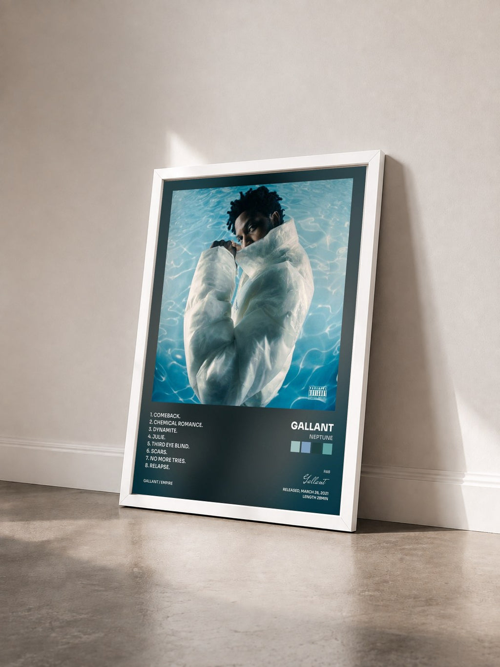#blanc Tableau de l'album Neptune de Gallant vu de trois quarts, cadre blanc