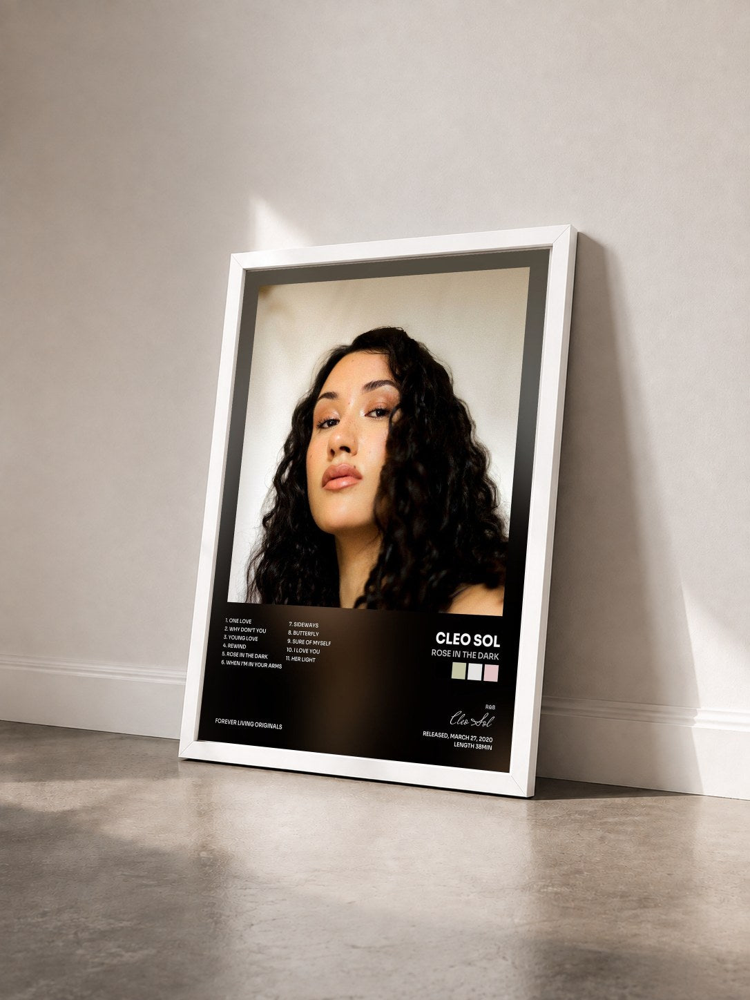 #blanc Tableau de l'album Rose in the Dark de Cleo Sol vu de trois quarts, cadre blanc