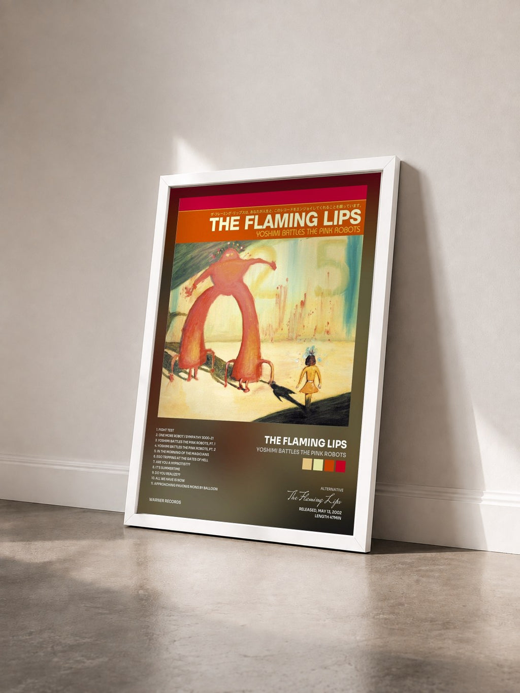#blanc Tableau de l'album Yoshimi Battles the Pink Robots de The Flaming Lips vu de trois quarts, cadre blanc
