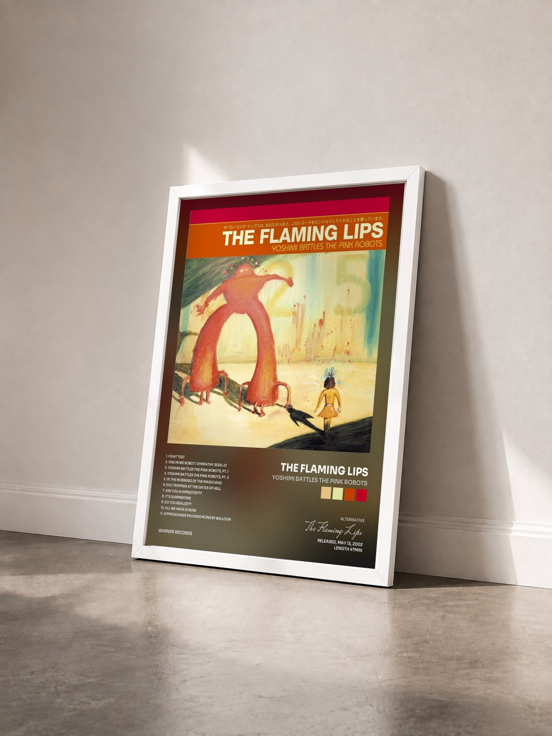 #blanc Tableau de l'album Yoshimi Battles the Pink Robots de The Flaming Lips vu de trois quarts, cadre blanc