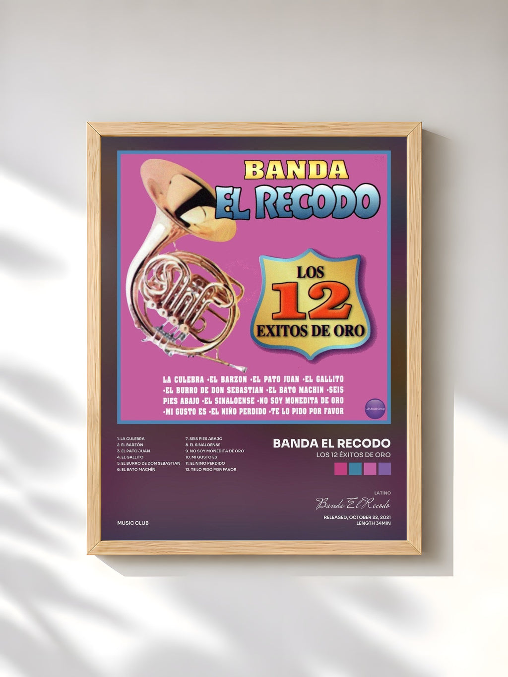 #bois Tableau de l'album Los 12 Éxitos de Oro de Banda El Recodo, cadre en bois brut, imprimé et encadré en France