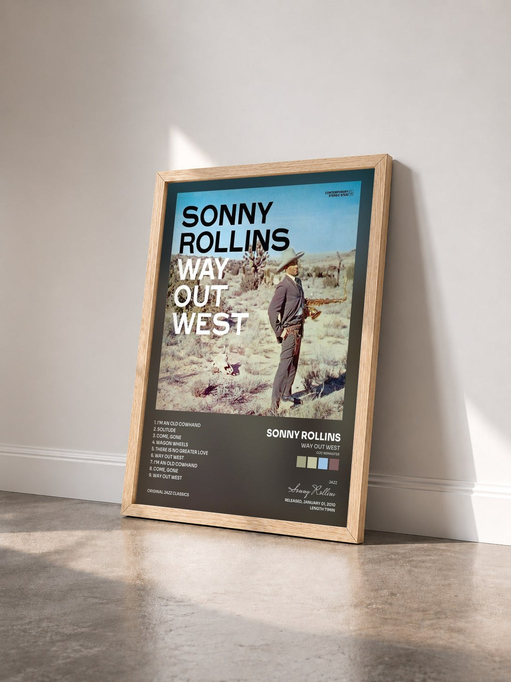 #bois Tableau de l'album Way Out West (OJC Remaster) de Sonny Rollins vu de trois quarts, cadre en bois brut
