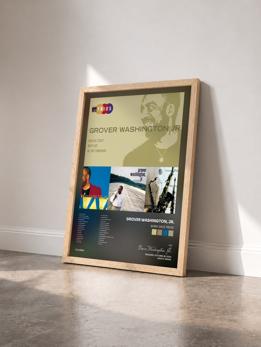 #bois Tableau de l'album Sony Jazz Trios de Grover Washington, Jr. vu de trois quarts, cadre en bois brut