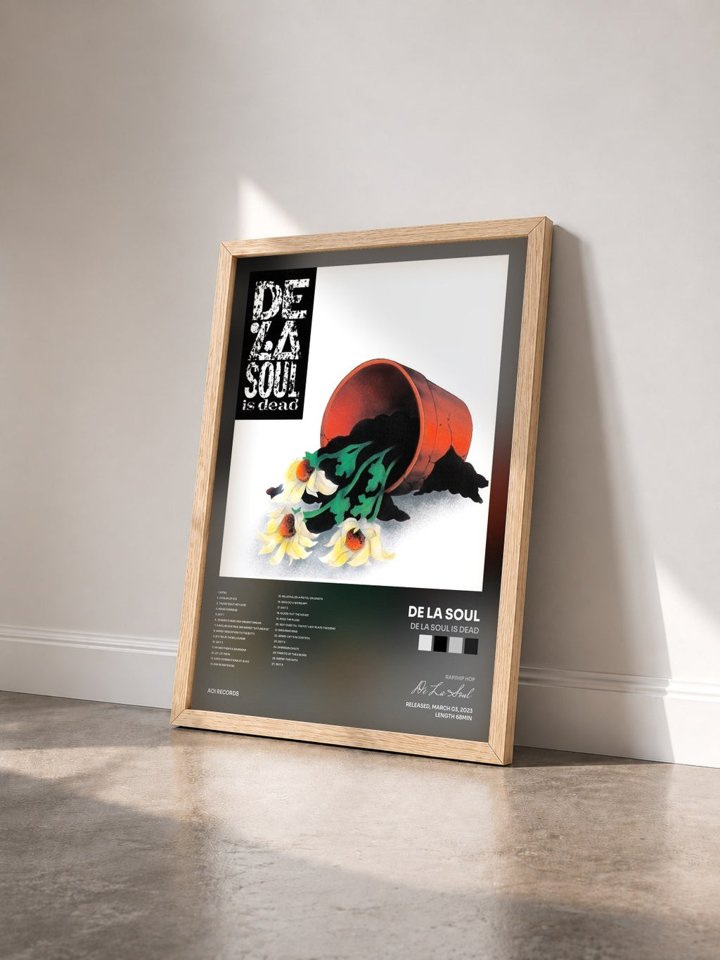 #bois Tableau de l'album De La Soul is Dead de De La Soul vu de trois quarts, cadre en bois brut