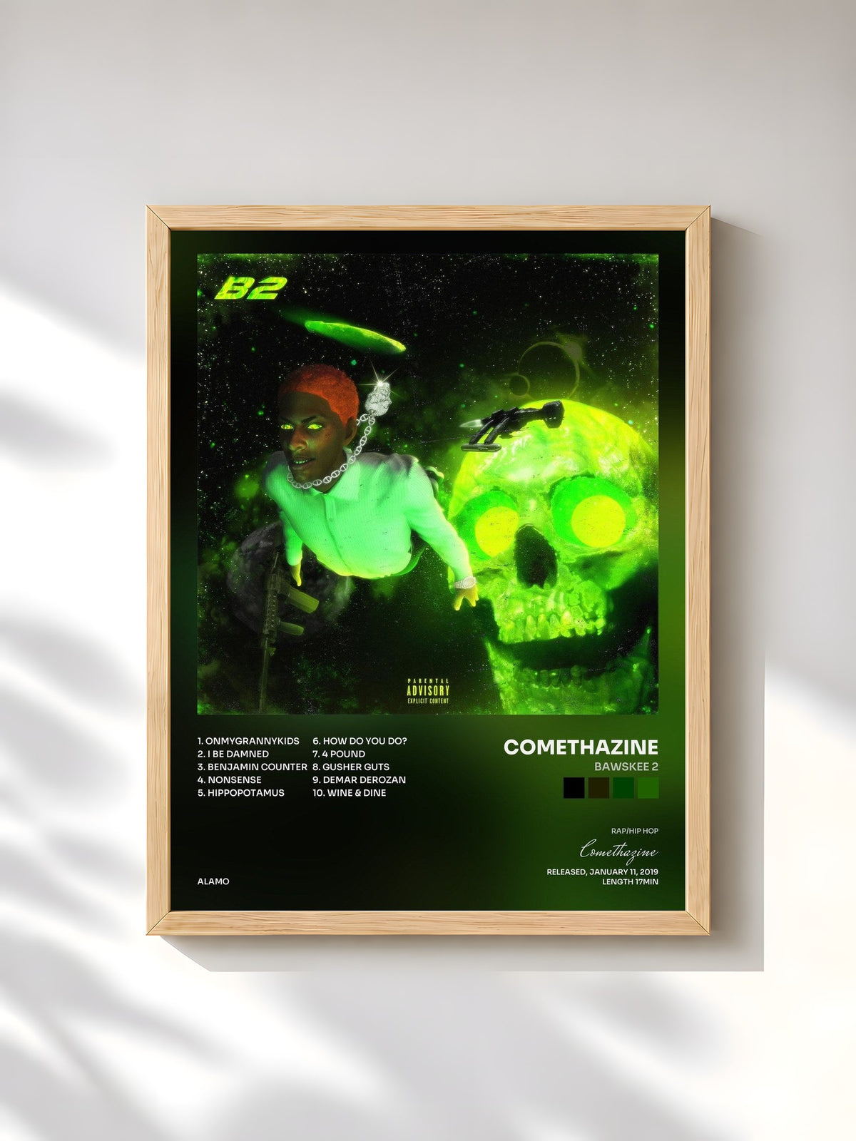#bois Tableau de l'album Bawskee 2 de Comethazine, cadre en bois brut, imprimé et encadré en France