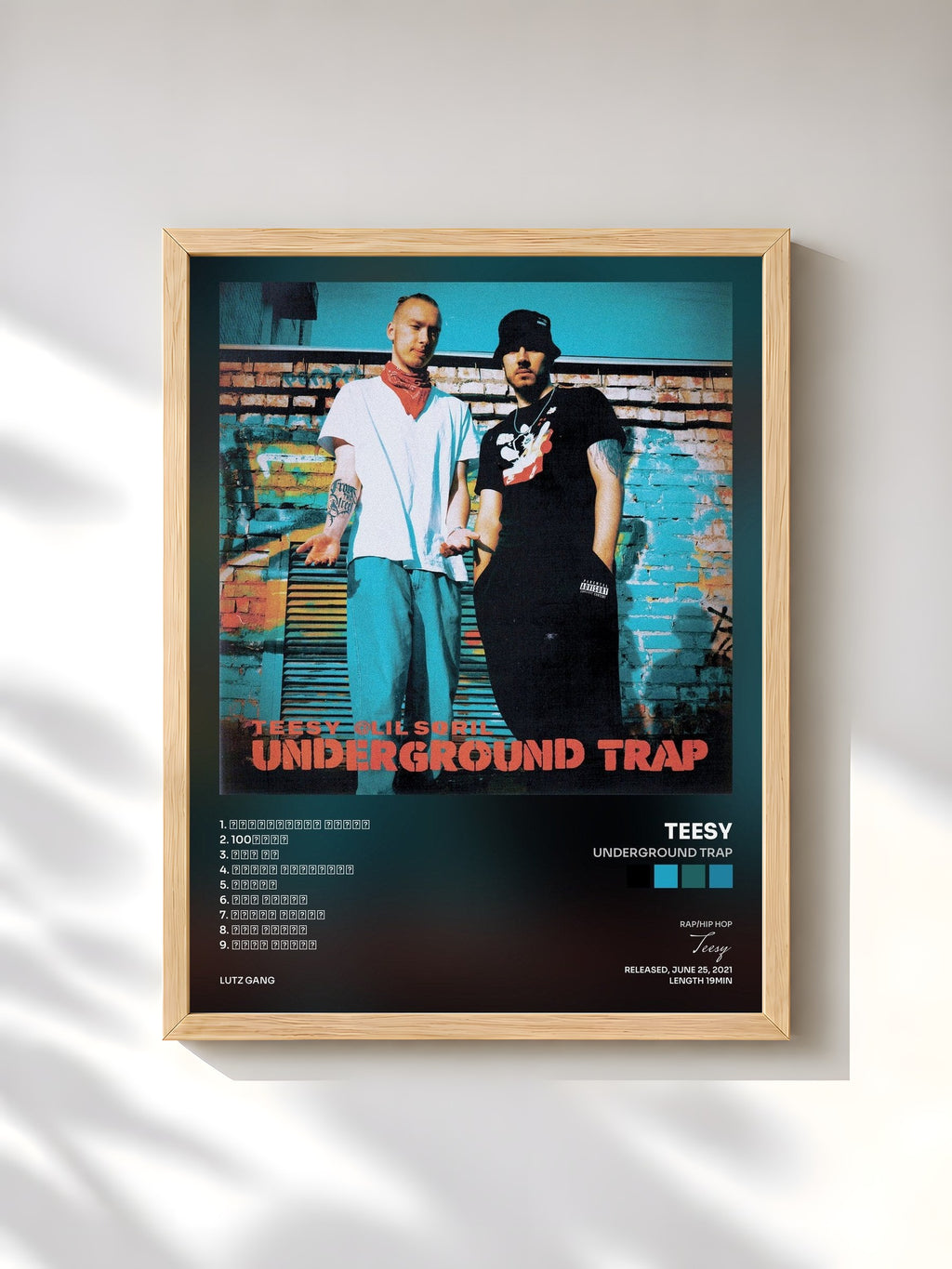 #bois Tableau de l'album Underground Trap de Teesy, cadre en bois brut, imprimé et encadré en France