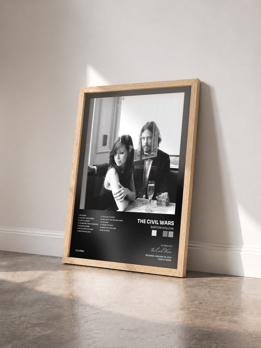 #bois Tableau de l'album Barton Hollow de the Civil Wars vu de trois quarts, cadre en bois brut