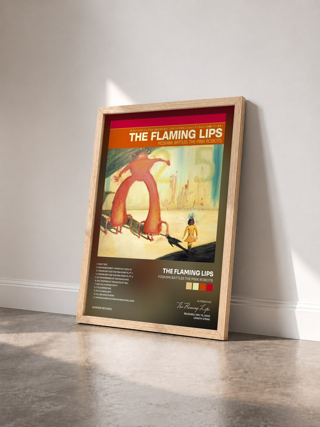 #bois Tableau de l'album Yoshimi Battles the Pink Robots de The Flaming Lips vu de trois quarts, cadre en bois brut