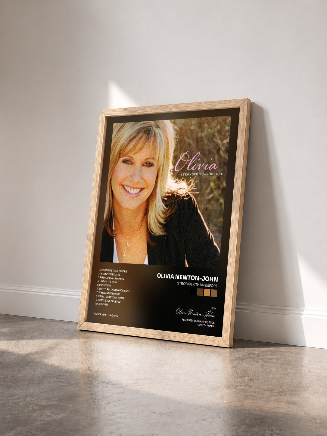 #bois Tableau de l'album Stronger Than Before de Olivia Newton-John vu de trois quarts, cadre en bois brut