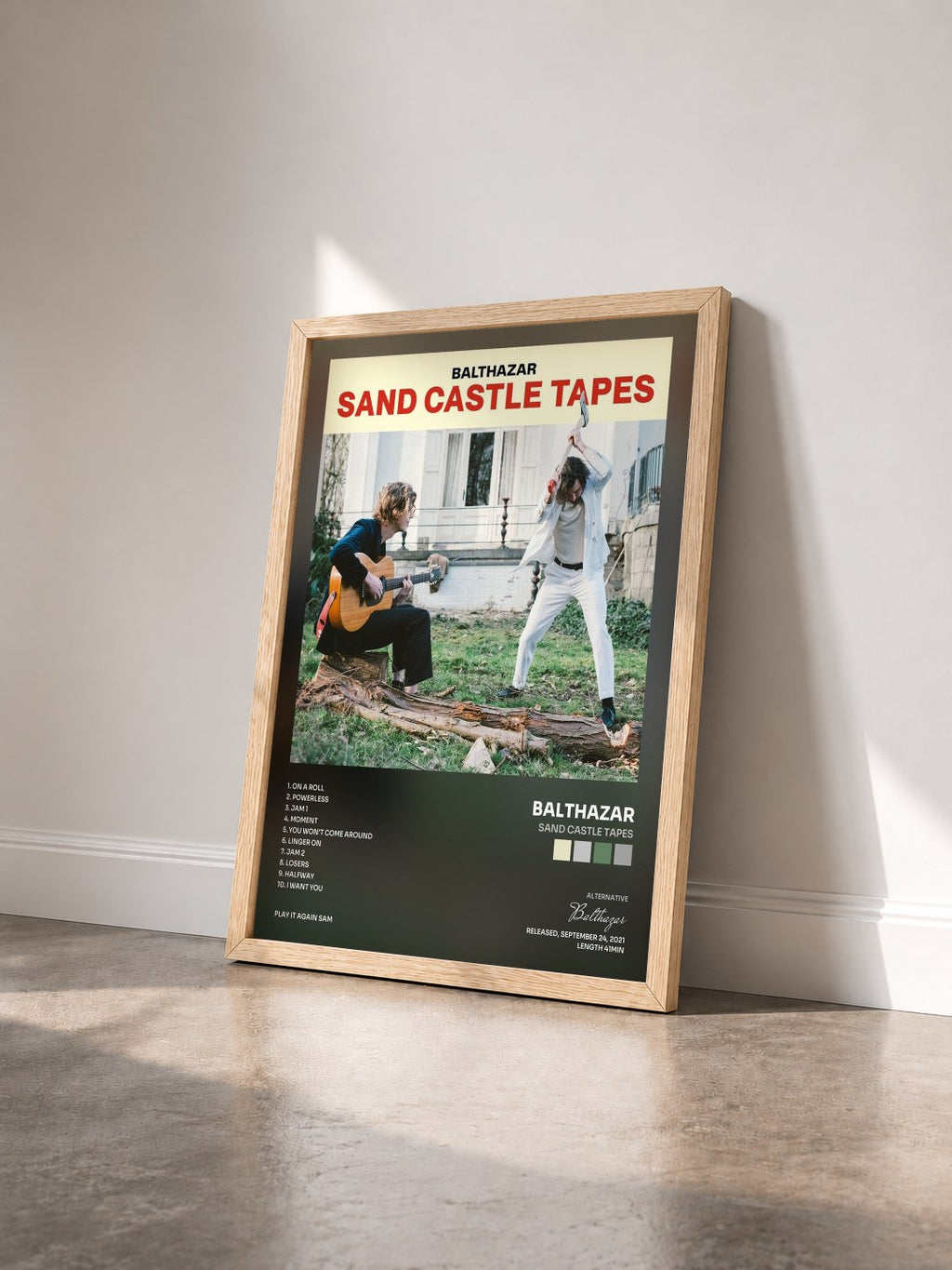 #bois Tableau de l'album Sand Castle Tapes de Balthazar vu de trois quarts, cadre en bois brut