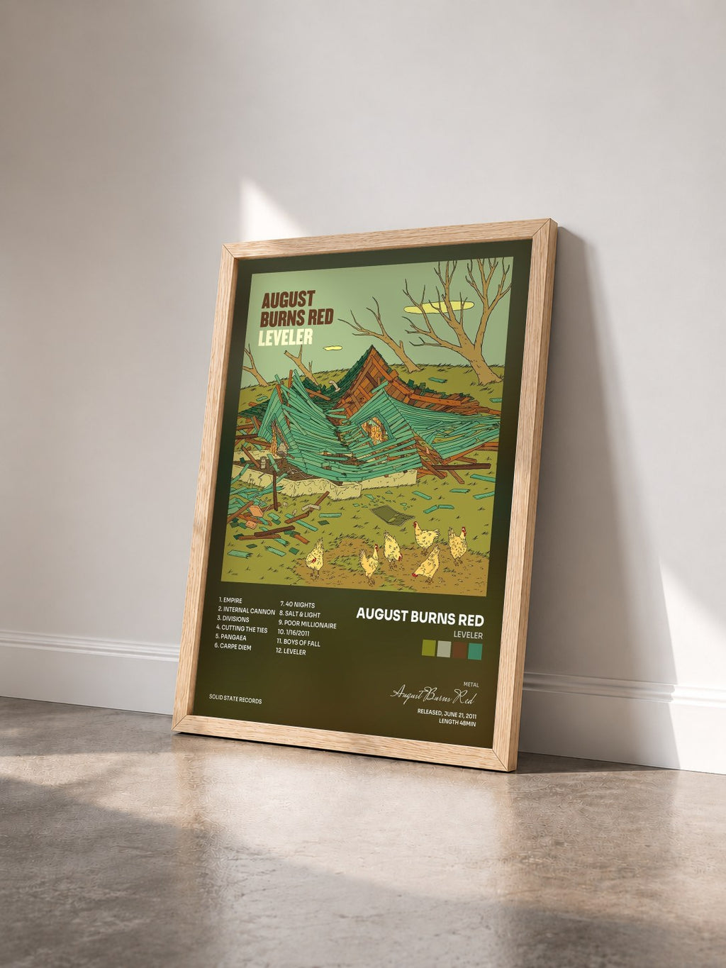#bois Tableau de l'album Leveler de August Burns Red vu de trois quarts, cadre en bois brut