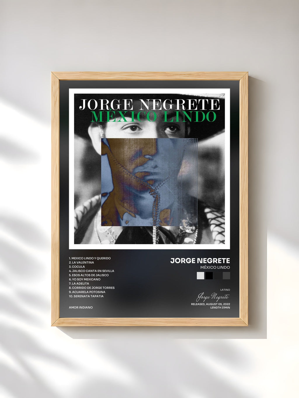 #bois Tableau de l'album México Lindo de Jorge Negrete, cadre en bois brut, imprimé et encadré en France