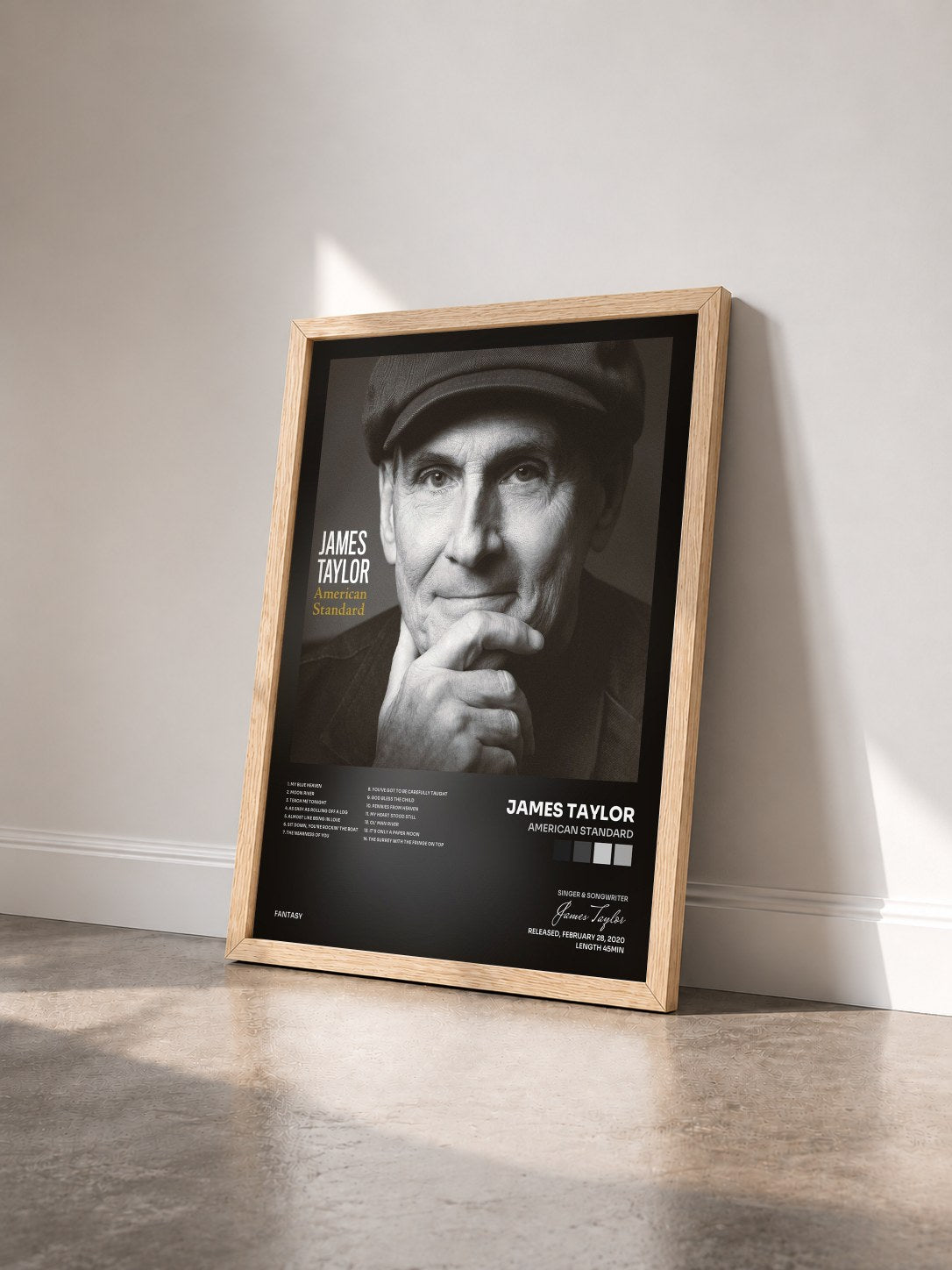 #bois Tableau de l'album American Standard de James Taylor vu de trois quarts, cadre en bois brut