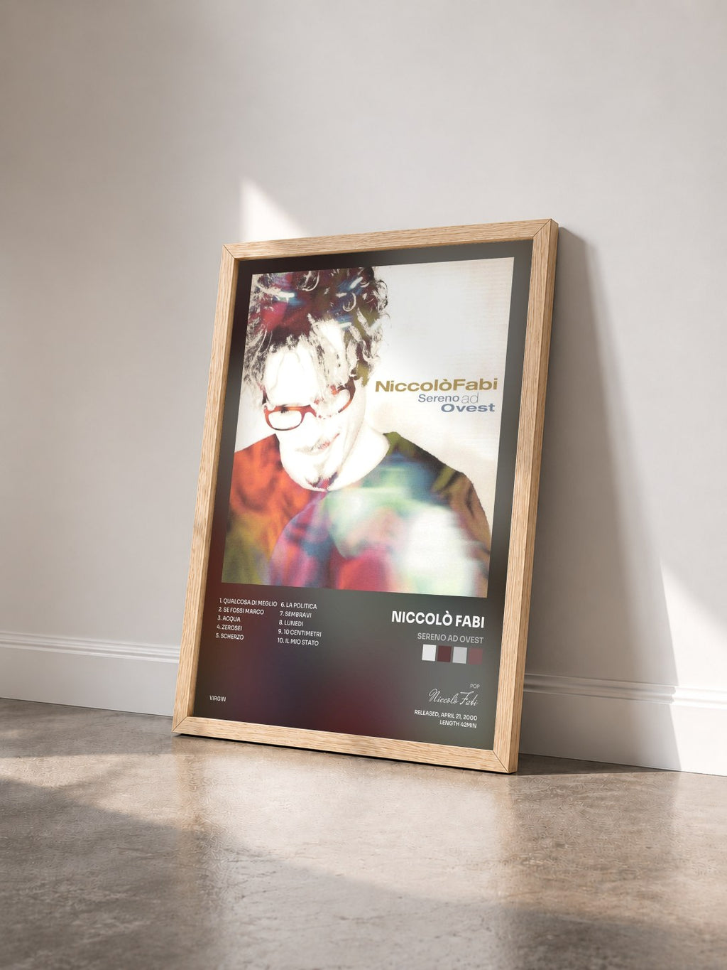 #bois Tableau de l'album Sereno Ad Ovest de Niccolò Fabi vu de trois quarts, cadre en bois brut