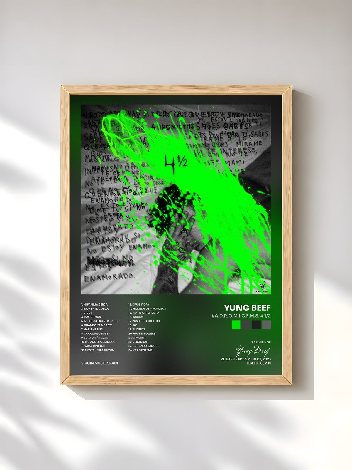 #bois Tableau de l'album #A.D.R.O.M.I.C.F.M.S. 4 1/2 de Yung Beef, cadre en bois brut, imprimé et encadré en France
