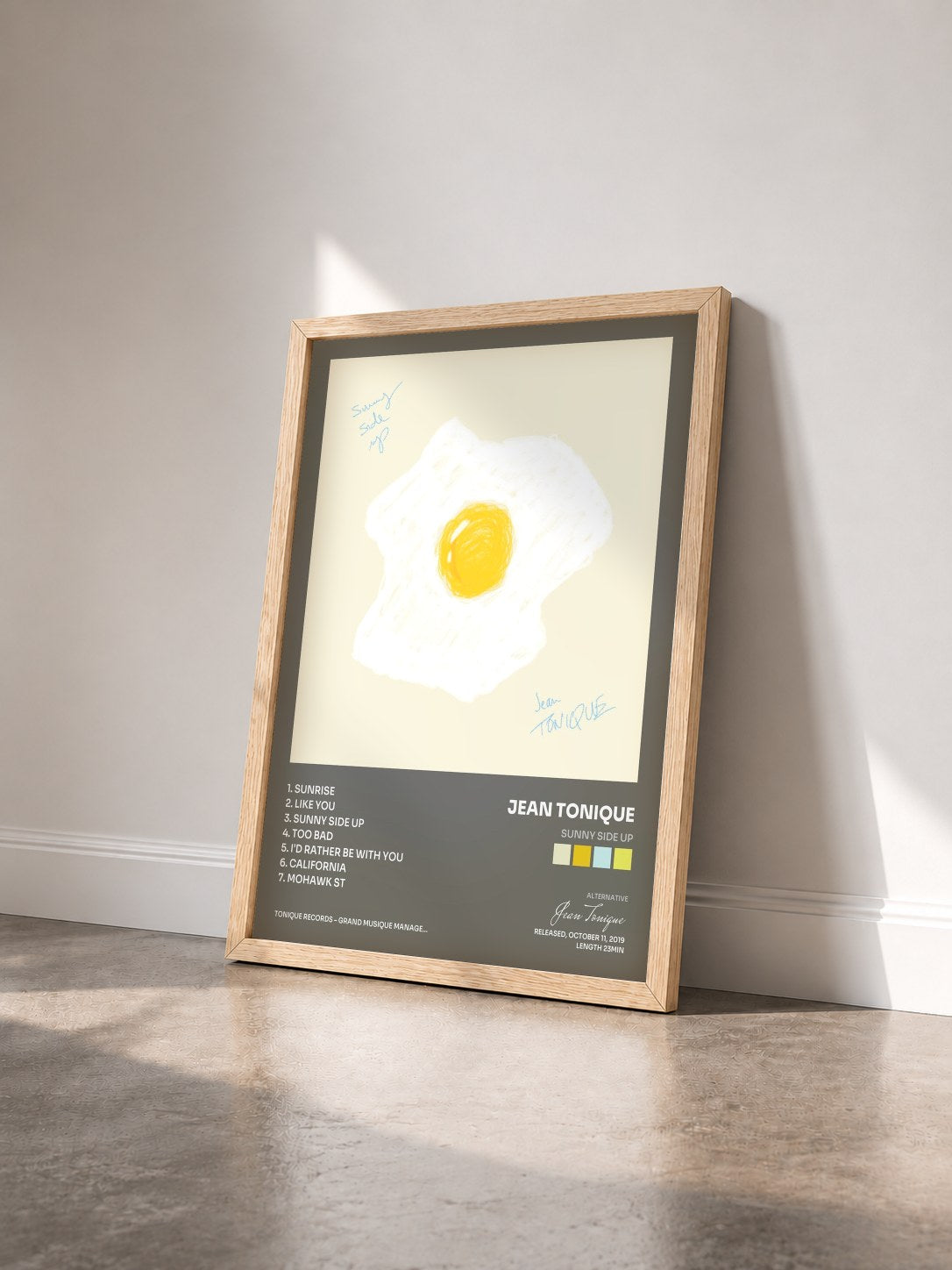 #bois Tableau de l'album sunny side up de Jean Tonique vu de trois quarts, cadre en bois brut