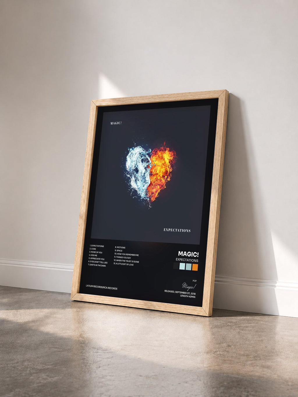 #bois Tableau de l'album Expectations de Magic! vu de trois quarts, cadre en bois brut