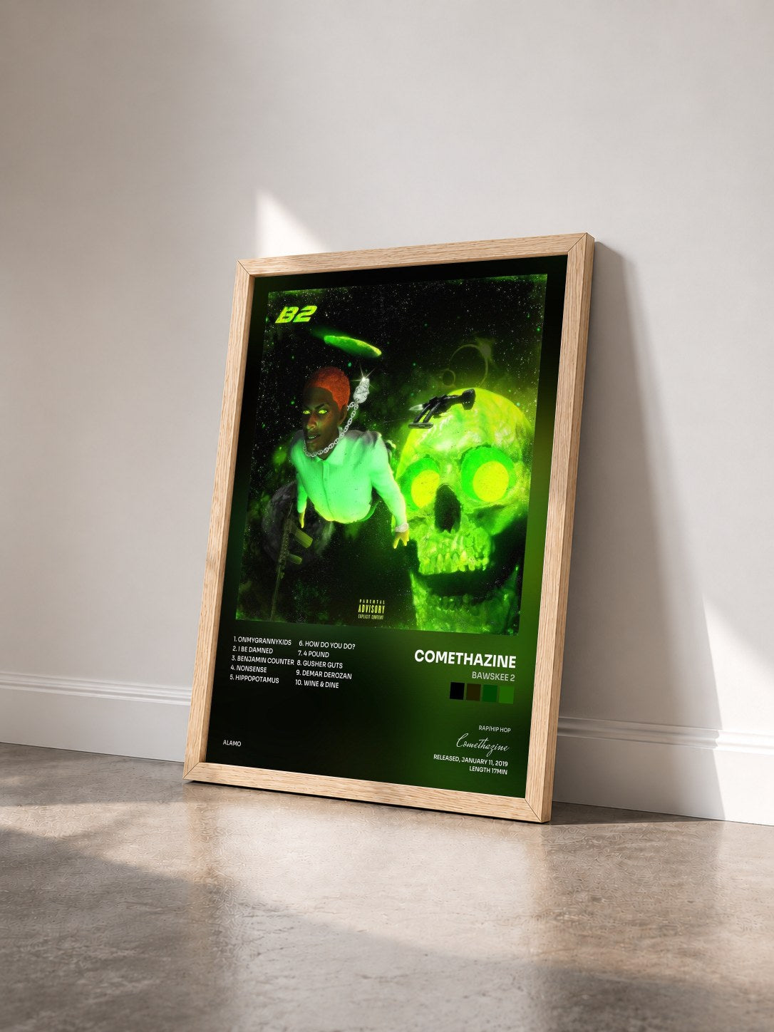 #bois Tableau de l'album Bawskee 2 de Comethazine vu de trois quarts, cadre en bois brut