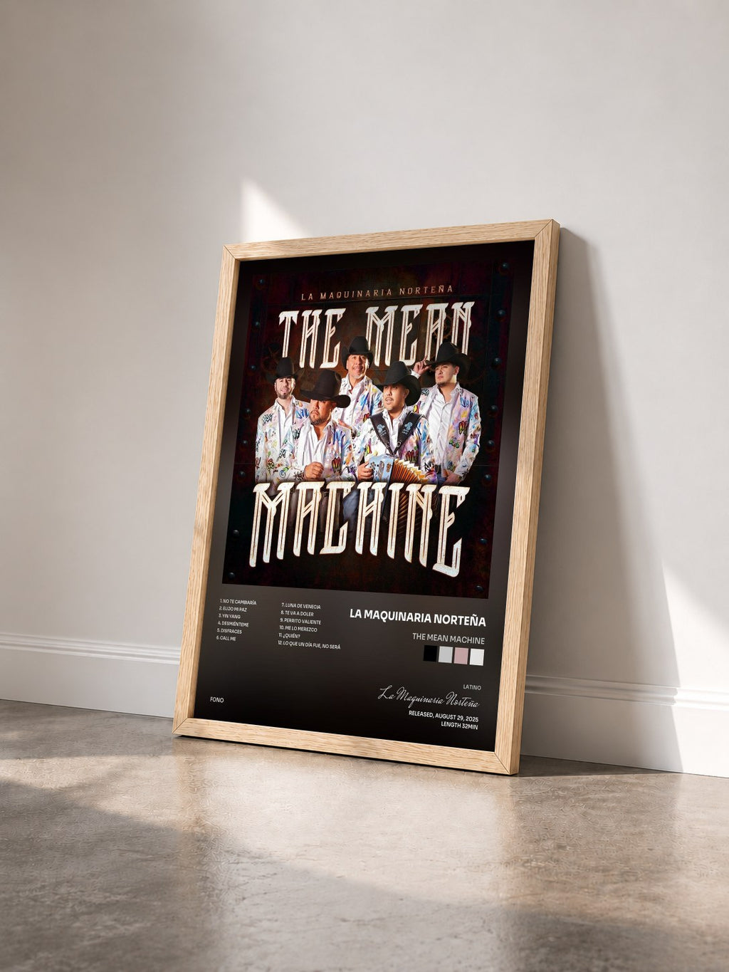 #bois Tableau de l'album The Mean Machine de La Maquinaria Norteña vu de trois quarts, cadre en bois brut
