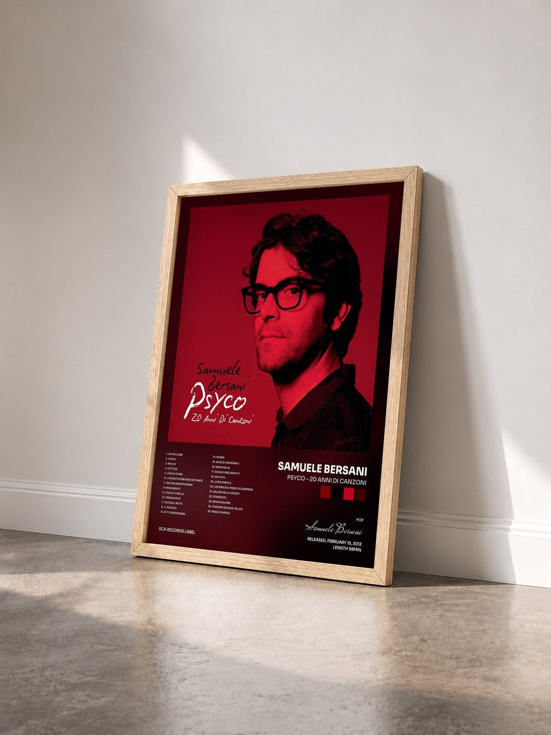 #bois Tableau de l'album Psyco - 20 anni di canzoni de Samuele Bersani vu de trois quarts, cadre en bois brut